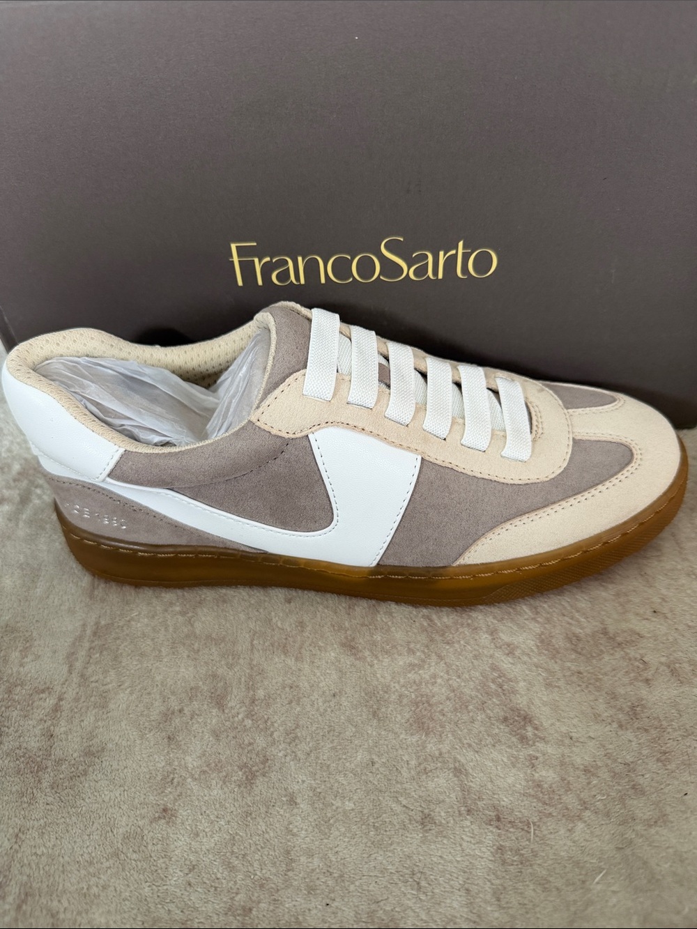 Franco Sarto Ponti Taupe, White and Beige Low-Top Suede-Look Sneaker